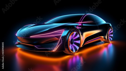Colorful 3D futuristic glass EV car set against a black background.