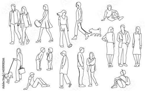 Silhouettes men, women, teenagers and children standing, walking, sitting, with dog, linear sketch,  black color, vector, group rest people, students, design concept of flat icon, isolated on white 