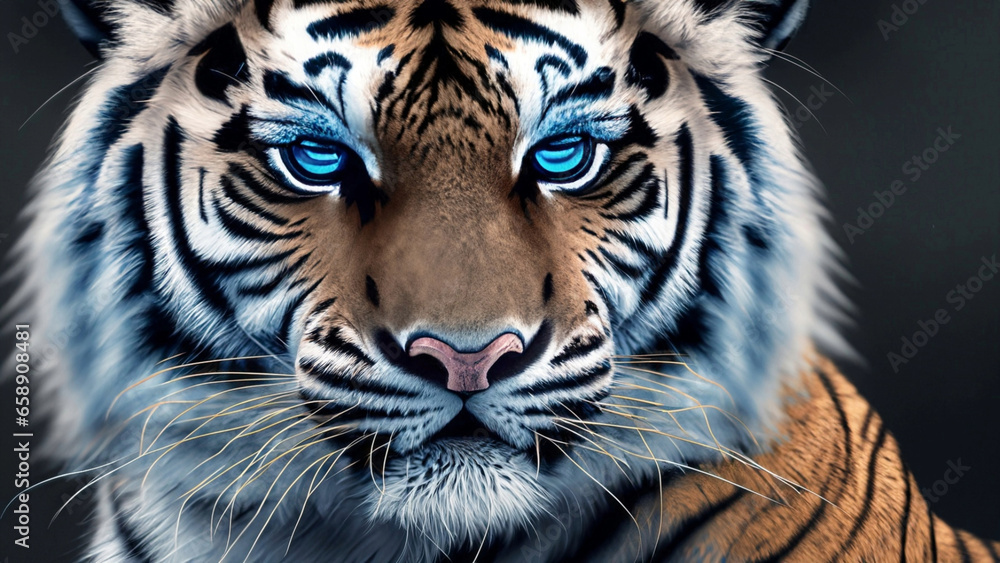 Fototapeta premium Portrait of a tiger with blue eyes and dark background 