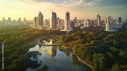 Aerial view of Bangkok city Lumpini public park with office building urban background Thailand. Generative Ai