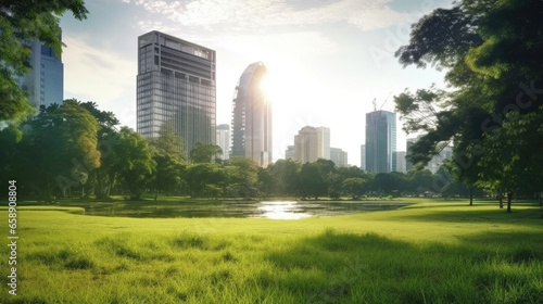 Bangkok beautiful view from Lumpini Park. Green grass field in park at city center with office building urban background Thailand. Generative Ai