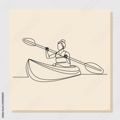 Continuous line sketch hand drawn drawing art of woman rowing canoe. Vector illustration single one line of sport woman paddle kayak.