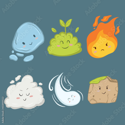 cute elements nature fire air earth water vector icons set 