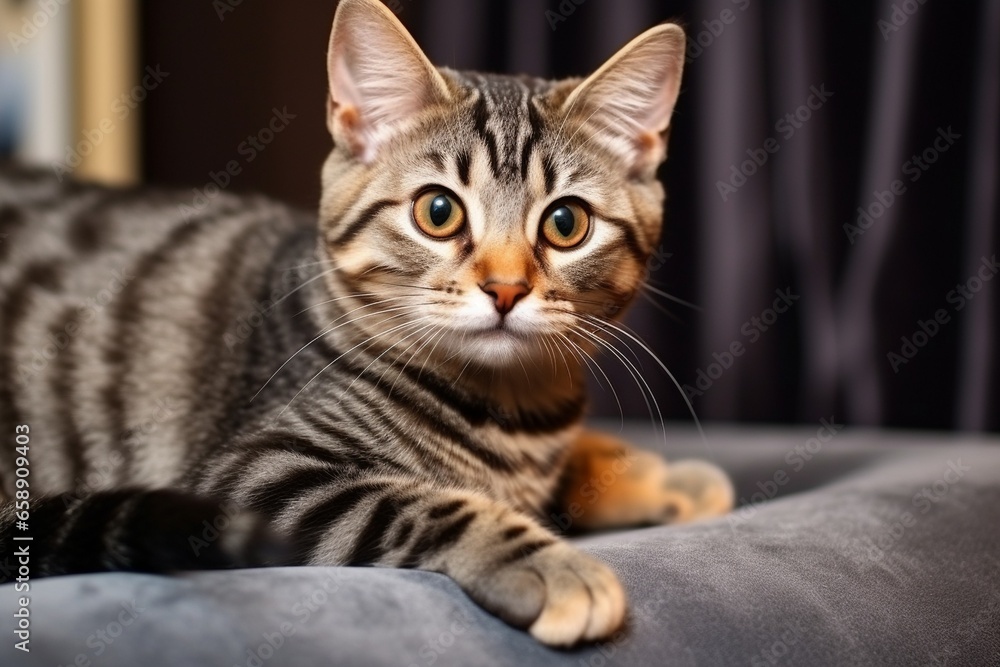 Attentive Young Red Striped Cat Resting Comfortably on Gray Sofa