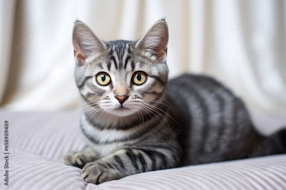 Attentive Young Red Striped Cat Resting Comfortably on Gray Sofa