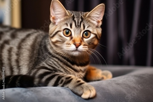Attentive Young Red Striped Cat Resting Comfortably on Gray Sofa © Maximilien