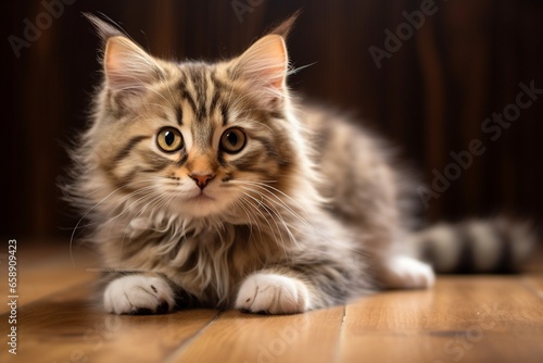 Young Fluffy Tabby Cat with a Sweet and Attentive Expression on a Wooden Floor