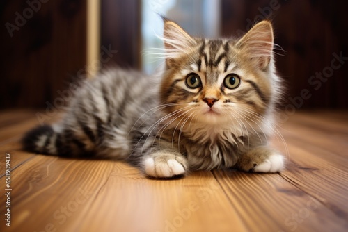Young Fluffy Tabby Cat with a Sweet and Attentive Expression on a Wooden Floor