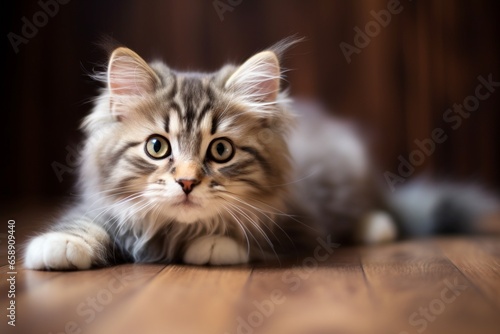 Young Fluffy Tabby Cat with a Sweet and Attentive Expression on a Wooden Floor