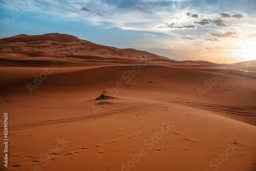 Sunset over the sand dunes  Sahara Desert  Morocco  Africa