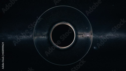 Intense Black Hole explosion in deep space. Wormhole apocalypse wipes out Universe. Worm-hole collision explodes in outer space. Epic galaxy with growing black hole. Cinematic interstellar collapse. photo