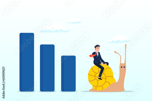 Depressed sad businessman riding slow walking snail on economic graph and chart, world economic slow down due to COVID-19 Coronavirus pandemic, GDP growth slowly or decline in recession (Vector)