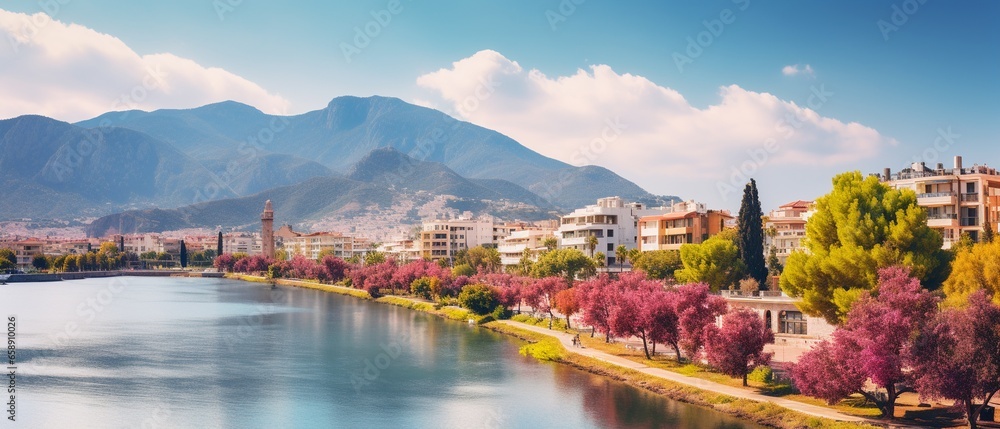 Scenic River Embankment and Park Area with Majestic Mountain Backdrop in Alanya, Turkey: Colorful Panoramic Landscape