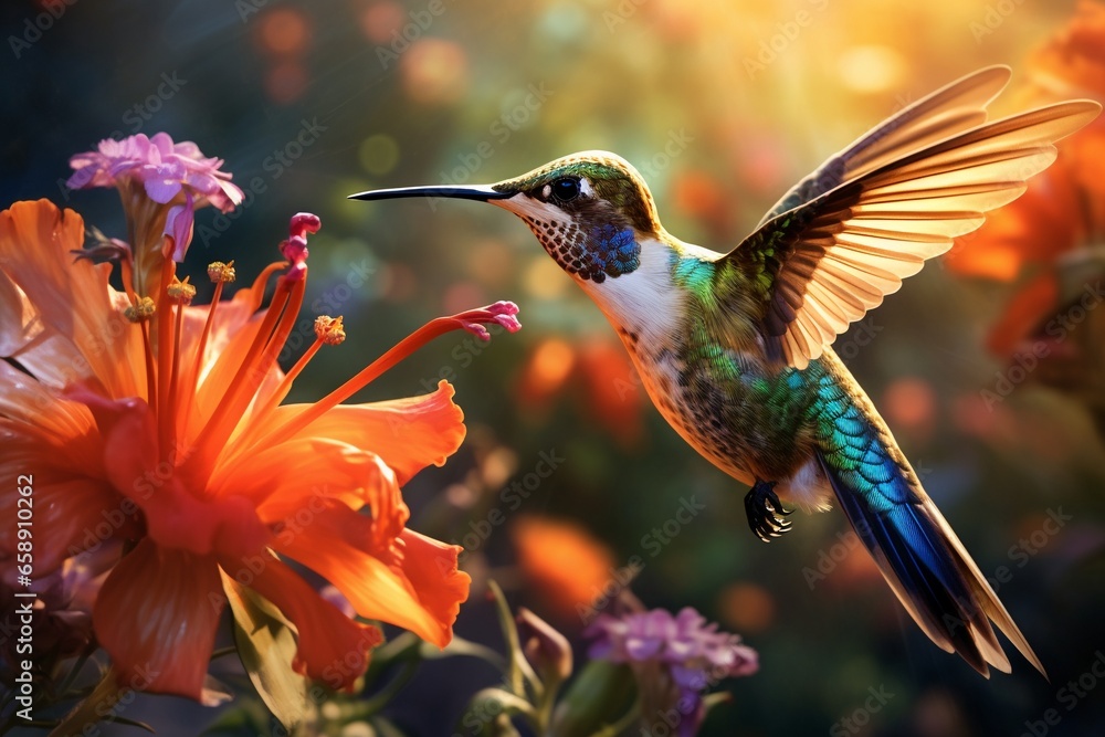 Fototapeta premium Enchanting Spring Flight: A Delightfully Beautiful Hummingbird Amid Blossoming Plants