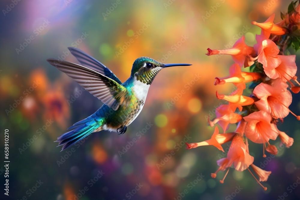 Naklejka premium Enchanting Spring Flight: A Delightfully Beautiful Hummingbird Amid Blossoming Plants