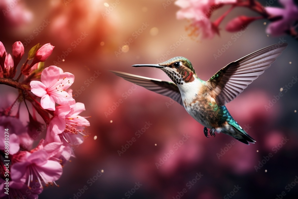 Fototapeta premium Enchanting Spring Flight: A Delightfully Beautiful Hummingbird Amid Blossoming Plants