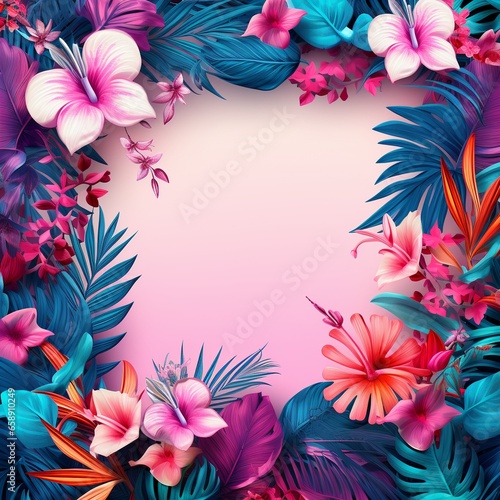 Colorful Tropical Leaf and Flower Frame in Pink-Blue Tones: Exotic Southern Plant Background
