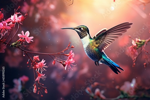 Enchanting Spring Flight: A Delightfully Beautiful Hummingbird Amid Blossoming Plants © Maximilien