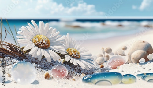 Summer on the white sandy beach with lots of daisies and beautiful opal pebbles.