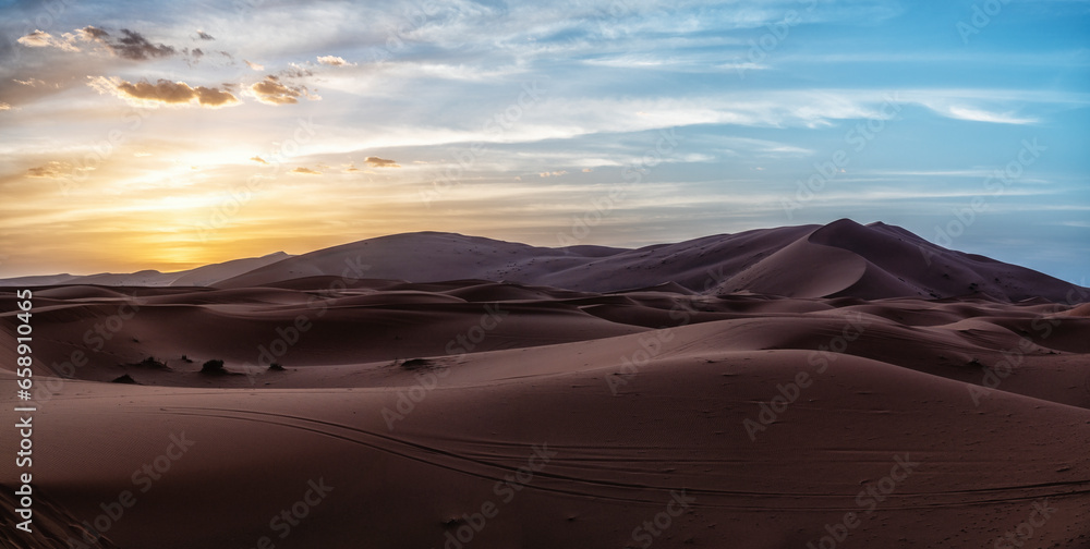 Naklejka premium beautiful sand dunes, the setting sun shone over the desert