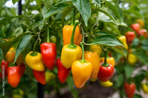 Close-Up of Fresh Juicy Red and Yellow Sweet Peppers Growing in a Greenhouse: Abundant Agriculture Harvest
