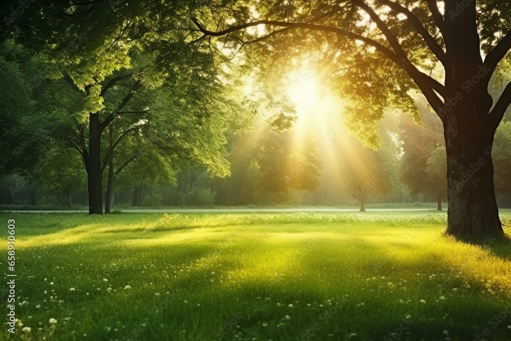 Obraz premium Refreshing Summer Landscape: Wet Green Grass, Morning Dew, and Sunlit Foliage in a Park
