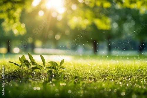 Refreshing Summer Landscape  Wet Green Grass  Morning Dew  and Sunlit Foliage in a Park