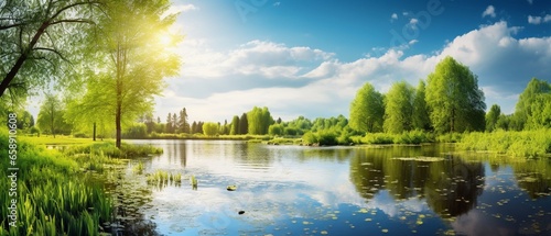 "Panoramic Spring Landscape: Tranquil Lake in a Green Park with Trees, Beneath a Bright Sun and Blue Sky