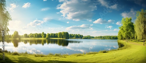 "Panoramic Spring Landscape: Tranquil Lake in a Green Park with Trees, Beneath a Bright Sun and Blue Sky © Maximilien