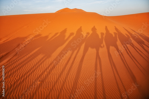Camal caravan on a Nomad trip through sand desert
