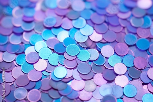 Macro Close-Up of Blue and Lilac Sequins on Fabric: Abstract Texture with Colorful Round Scales