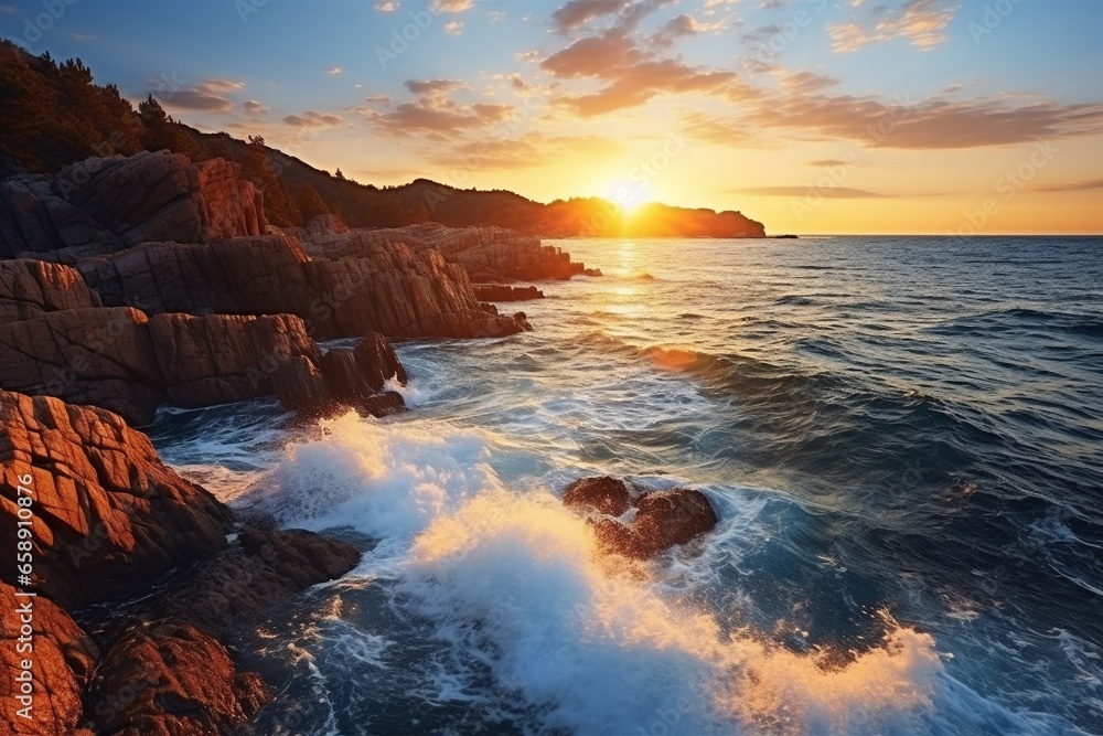 Gorgeous Mediterranean Sunset: Waves Crashing on Coastal Rocks in Natural Seascape
