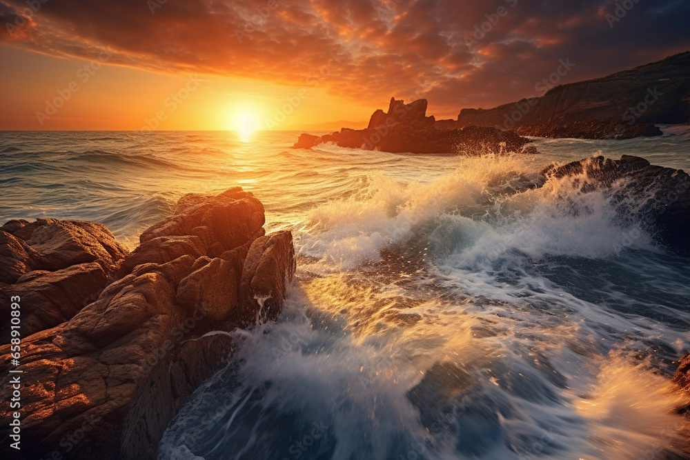 Fototapeta premium Gorgeous Mediterranean Sunset: Waves Crashing on Coastal Rocks in Natural Seascape