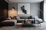 Minimalist Style Modern Living Room with Spacious Gray Sofa: Stylish Interior