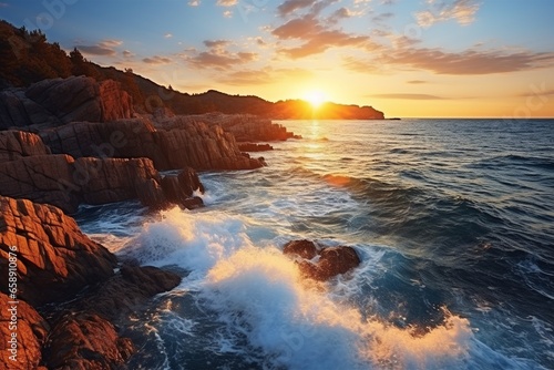 Gorgeous Mediterranean Sunset  Waves Crashing on Coastal Rocks in Natural Seascape
