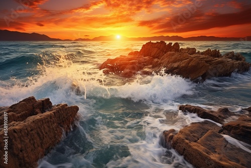 Gorgeous Mediterranean Sunset: Waves Crashing on Coastal Rocks in Natural Seascape © Maximilien