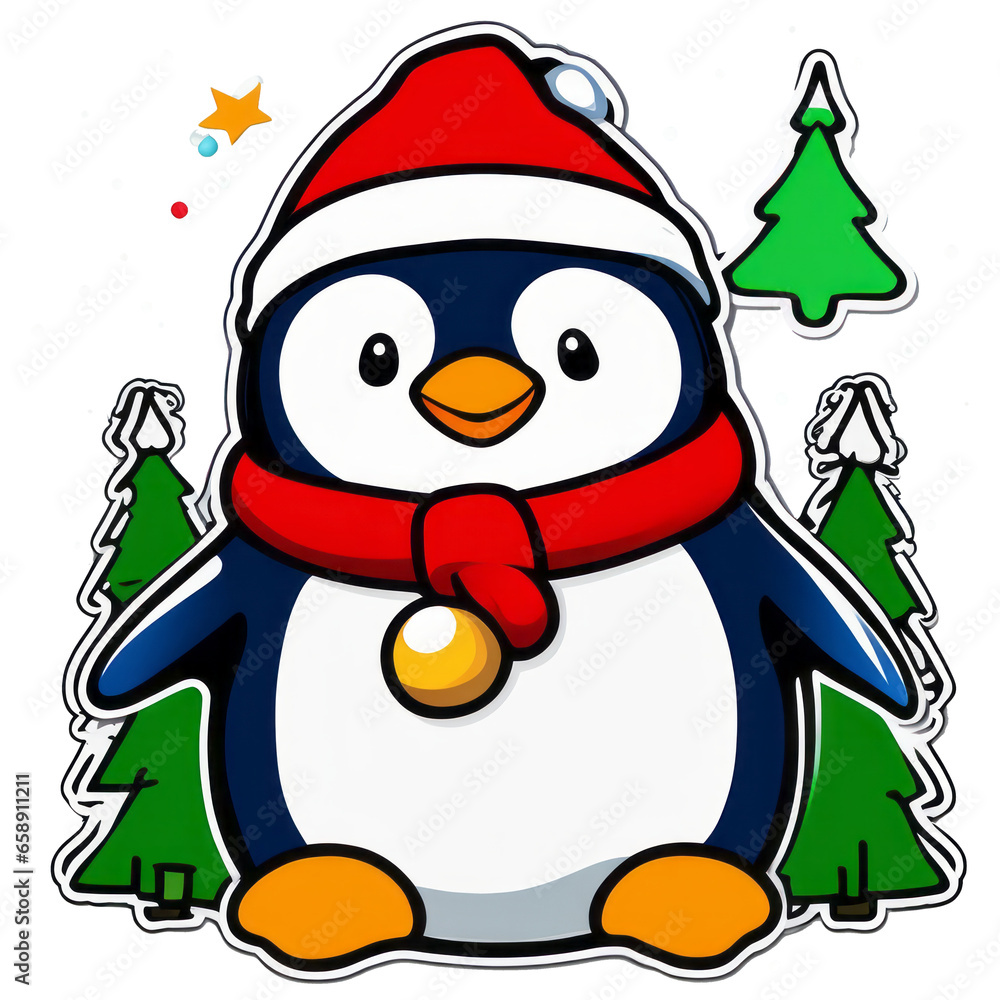 cute baby penguin wearing a Santa hat. Surrounded by gifts and Christmas trees play with toys