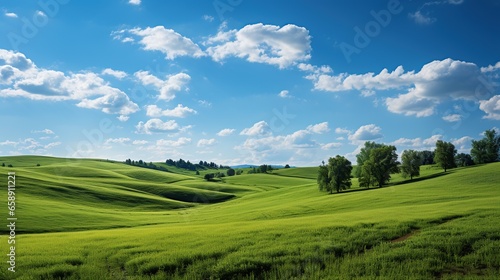 Landscape view of green grass on slope with blue sky and clouds background