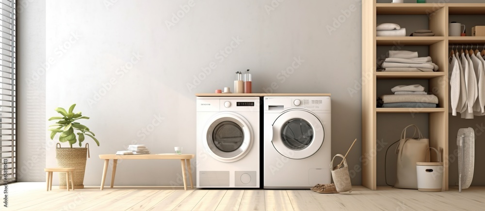 Laundry room interior with washing machine - obrazy, fototapety, plakaty 