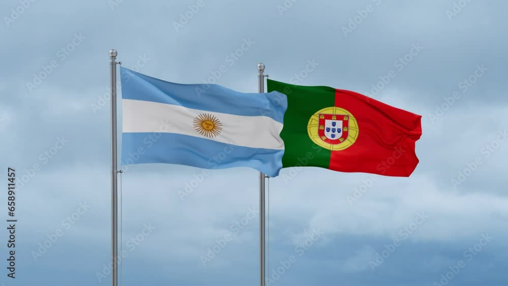 Portugal and Argentina flag waving together on cloudy sky, endless seamless loop, two country cooperation concept Portugal and Argentina flag waving together on cloudy sky, endless seamless loop, two country cooperation concept