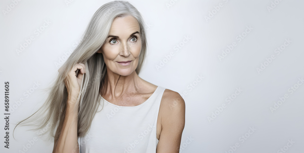 Beautiful elderly woman with long grey hair. Beauty, fashion and old people concept. Beautiful elderly woman with long grey hair. Beauty, fashion and old people concept.