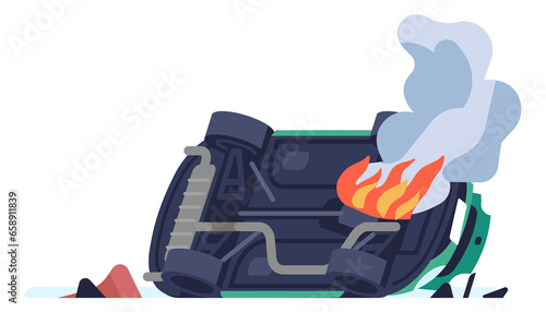 Canvas Print Burning car flip over. Road crash fire