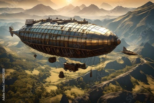 Steampunk airship flying over a mechanical environment. photo