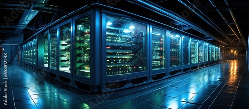 Network background, panorama, switch and cable in data center photo