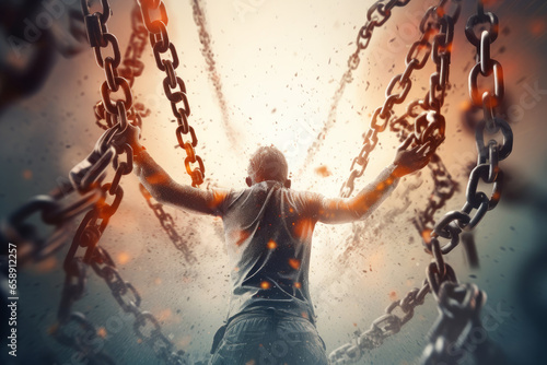 Person break from chains, AI generated photo