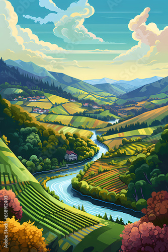 Illustration of a beautiful view of the vineyard terraces