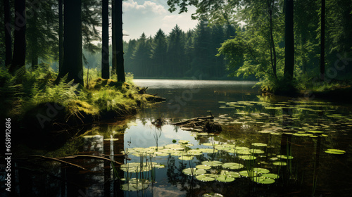 Wild landscape photo with a lake in the forest