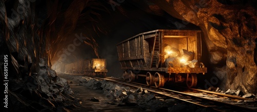 Underground mine with ore transport railway and freight trolley With copyspace for text