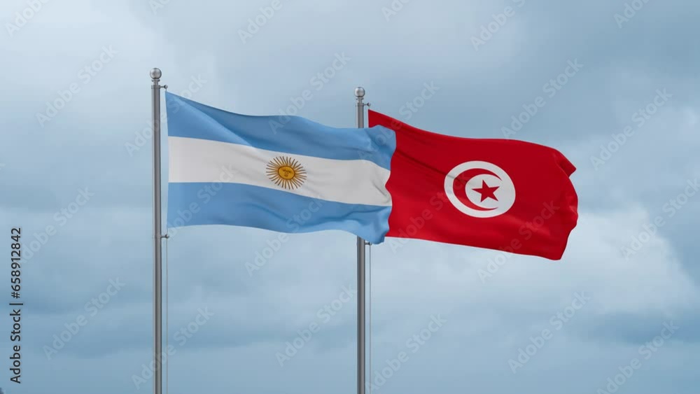 Tunisia and Argentina flag waving together on cloudy sky, endless seamless loop, two country cooperation concept Tunisia and Argentina flag waving together on cloudy sky, endless seamless loop, two country cooperation concept