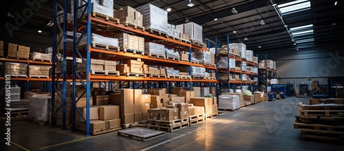 Retail warehouse full of shelves with goods in cartons, with pallets and forklifts.